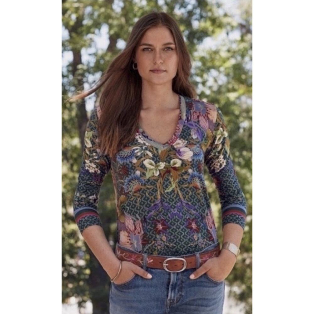 Johnny Was Multi Aran Floral Bamboo V-Neck Long Sleeve Tunic Top Small